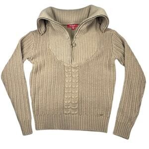 GUESS Sweater Cable Ribbed Half Zip Tan XS